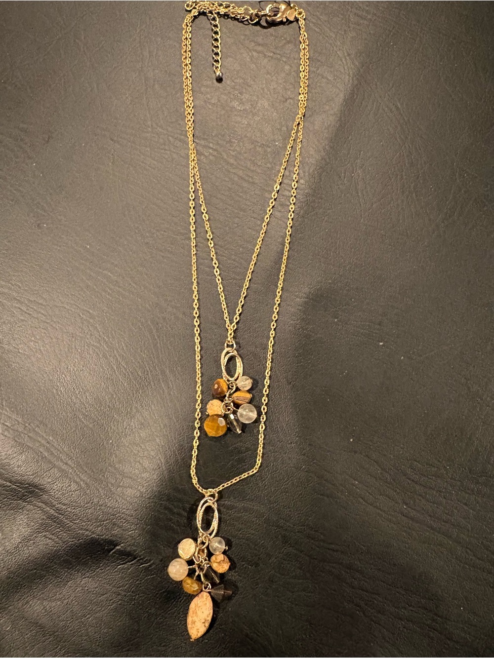 Gold-Tone Layered Pendant Necklace with Amber and Brown Beads